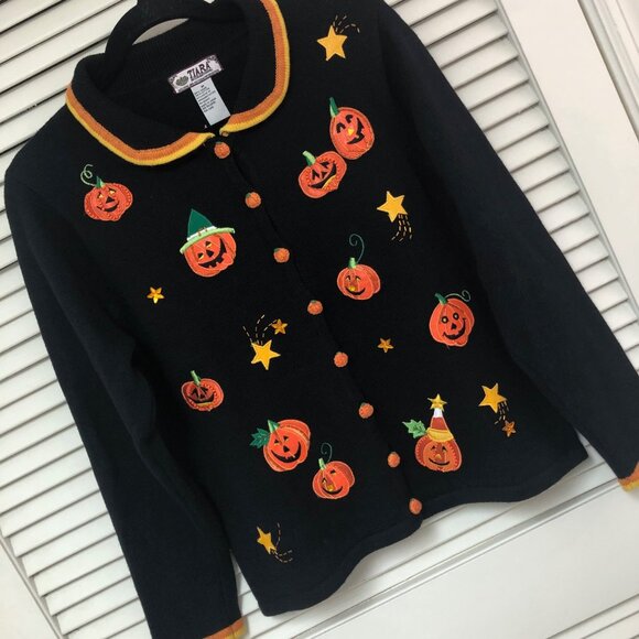 Tiara Halloween Cardigan Sweater Womens M Embroider Applique Jack O Lanterns - Picture 1 of 9
